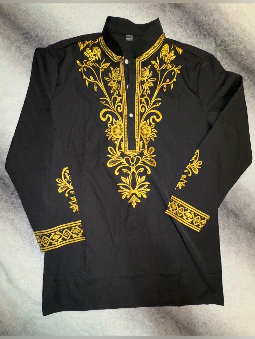 (B2) Men's Black Gold Dashiki Shirt - Traditional African Embroidery - L - NWOT